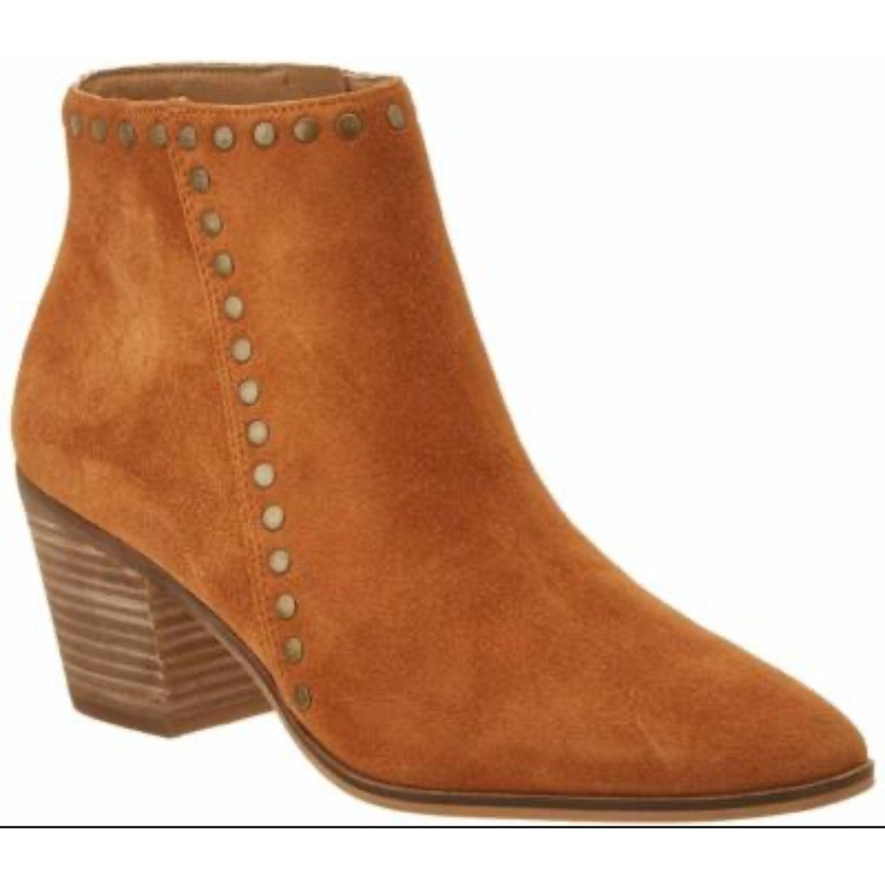 Lucky‎ Brand Suede Studded Western Ankle Boots CognacPointed Toe Block Heel 7M